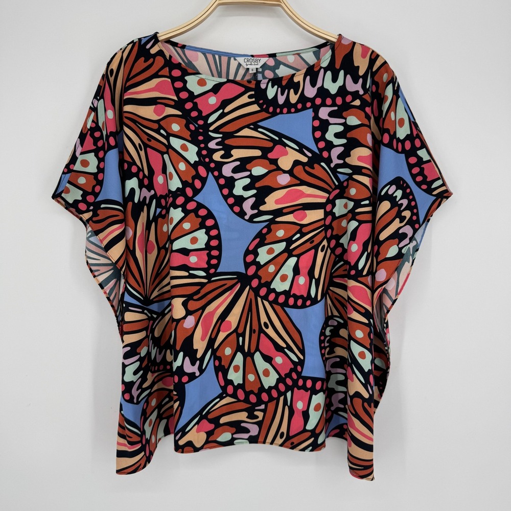 Crosby by Mollie Burch Butterfly Print Caftan Top Small Blue Boho Eclectic Art - Picture 2 of 9